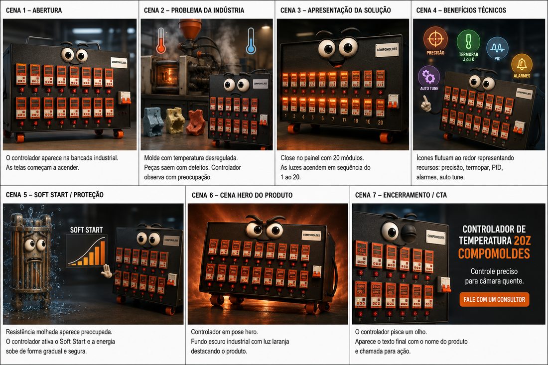 Storyboard do vídeo do controlador de temperatura em sete cenas