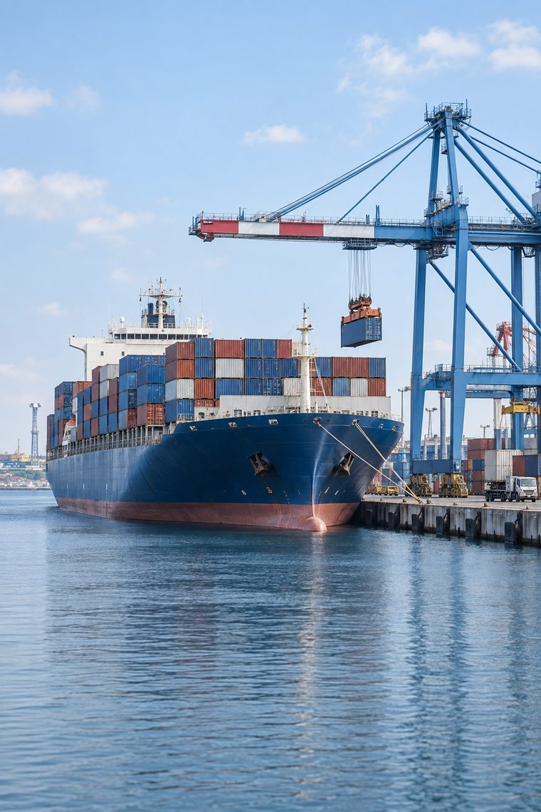 Navio porta-contêineres atracado em porto, de dia