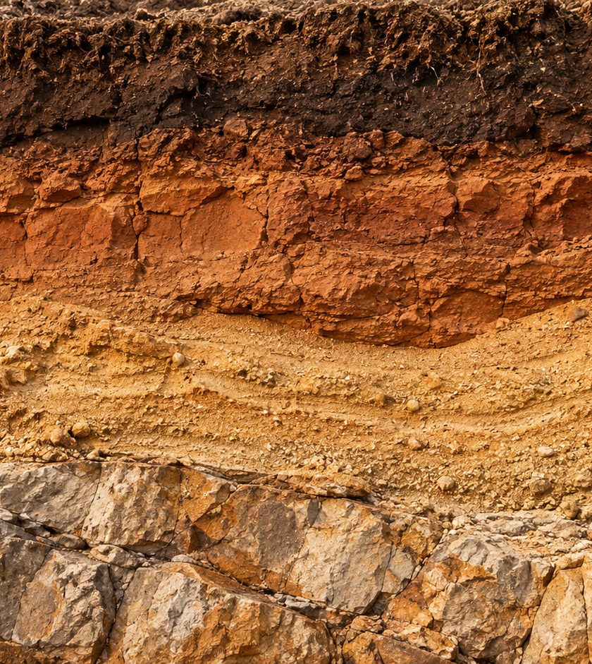 Perfil de solo com camadas de terra e rocha